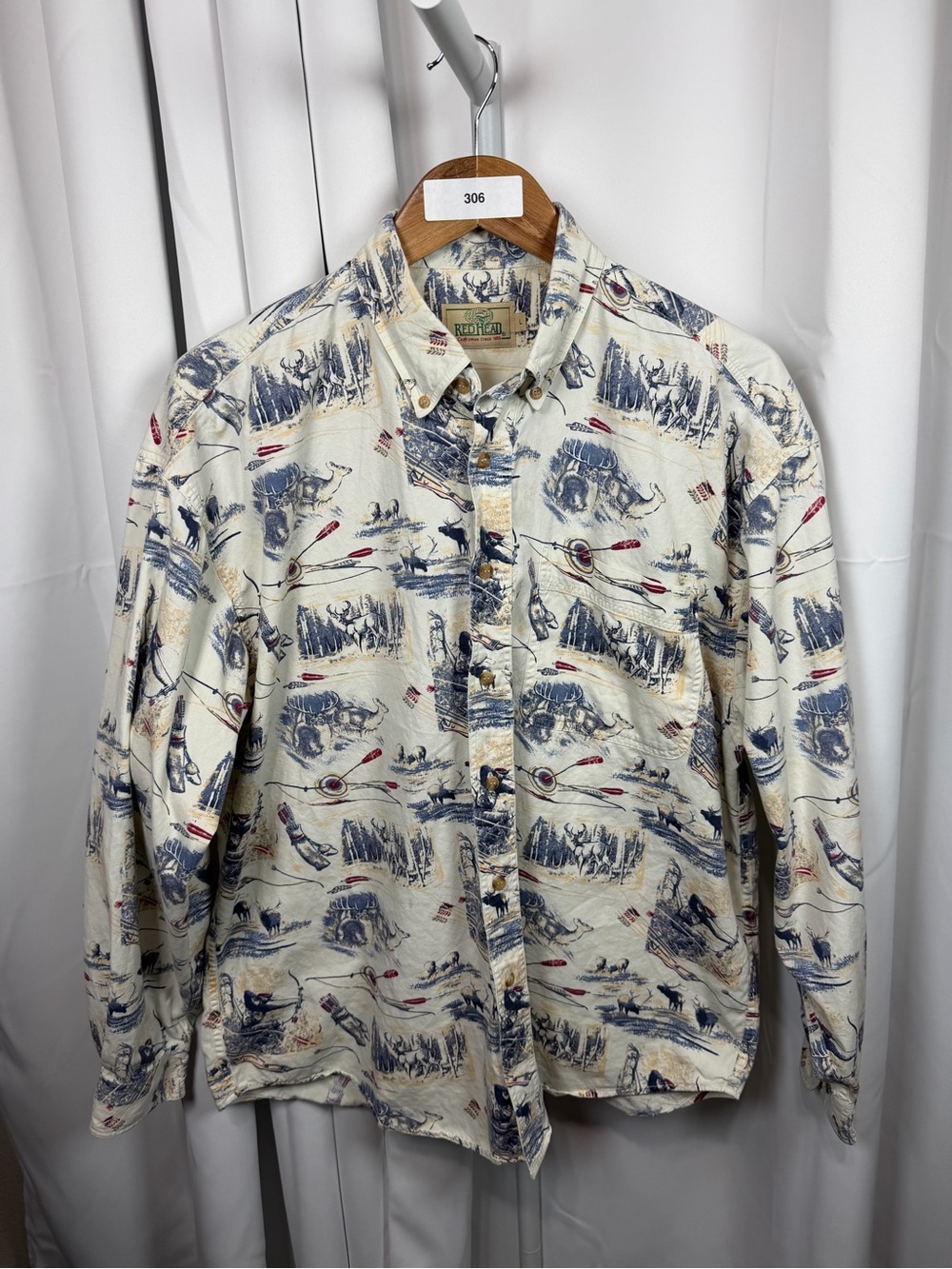 Vintage RedHead Mens L Hunting Shirt Bow Deer Wildlife AOP Long Sleeve Cotton